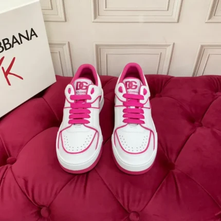 Dolce & Gabbana Calfskin New Roma Sneakers In White/Pink