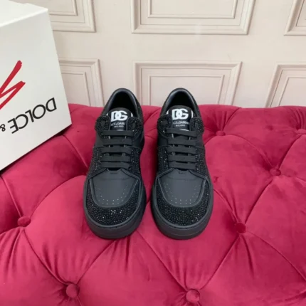 Dolce & Gabbana Calfskin New Roma Sneakers With Fusible Rhinestones Black