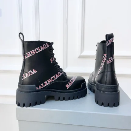 Balenciaga Black and Red Allover Logo Strike Boots