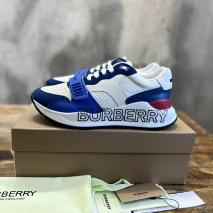 Burberry Suede And Leather Check Cotton Blue and White Sneakers