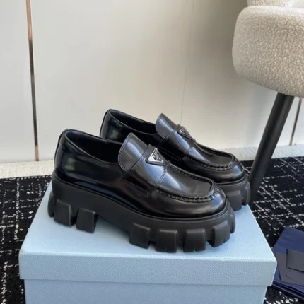 Prada Brushed Leather Monolith Loafers Black